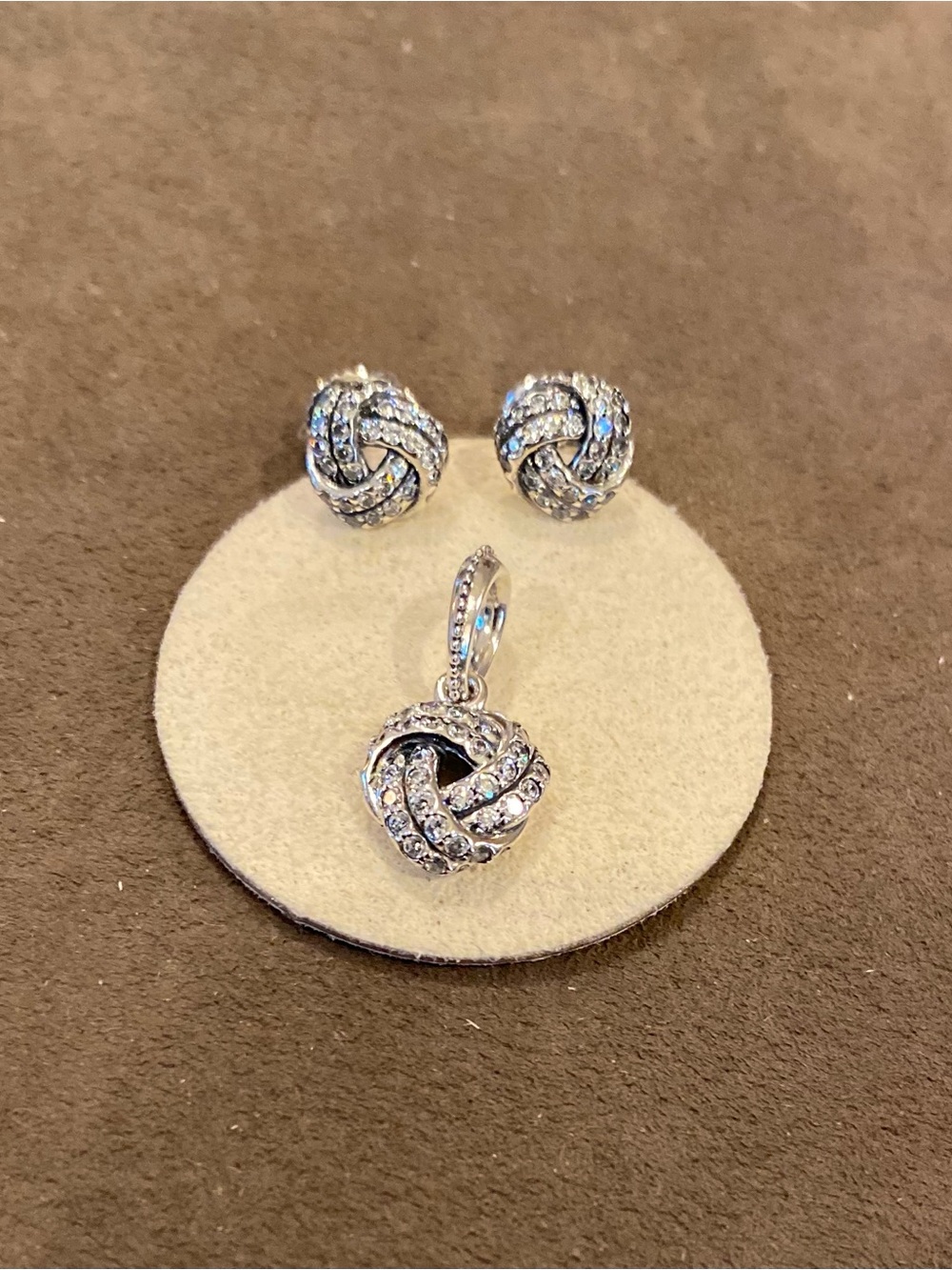 Pandora Sparkling Love knot pendant and earrings. Sterling Silver